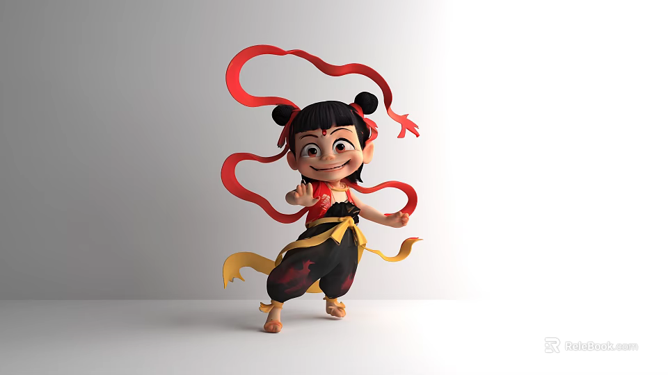Cartoon Man In Black And Yellow Outfit Holding Red Ribbons On White Background 3d model 