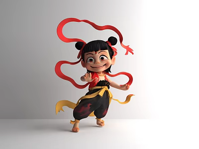 Cartoon Man In Black And Yellow Outfit Holding Red Ribbons On White Background 3d model