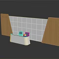 Modern White Reception Desk With Wooden Side Panels And White Grid Patterned Wall