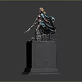 Game and Movie Character Female Statue With Blonde Hair Cloak Sword On Pedestal