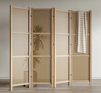 Modern Wooden Frame Room Divider With Woven Mesh Panels Plant Behind And Checkered Towel 3d model