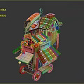 Colorful Street Vendor Cart With Green Roof Red Wheels And Cartoon Cat Decoration