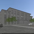 Modern Multi story Office Building With Gray Exterior Large Windows Street Trees And Cars