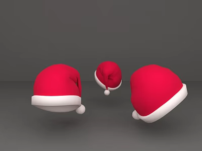 Three Red Christmas Hats With White Brims And Pom Poms On Gray Background 3d model