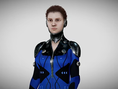 Advanced Weapon System For Female Warrior With Blue Mechanical Armor And Metallic Shoulder Components 3d model