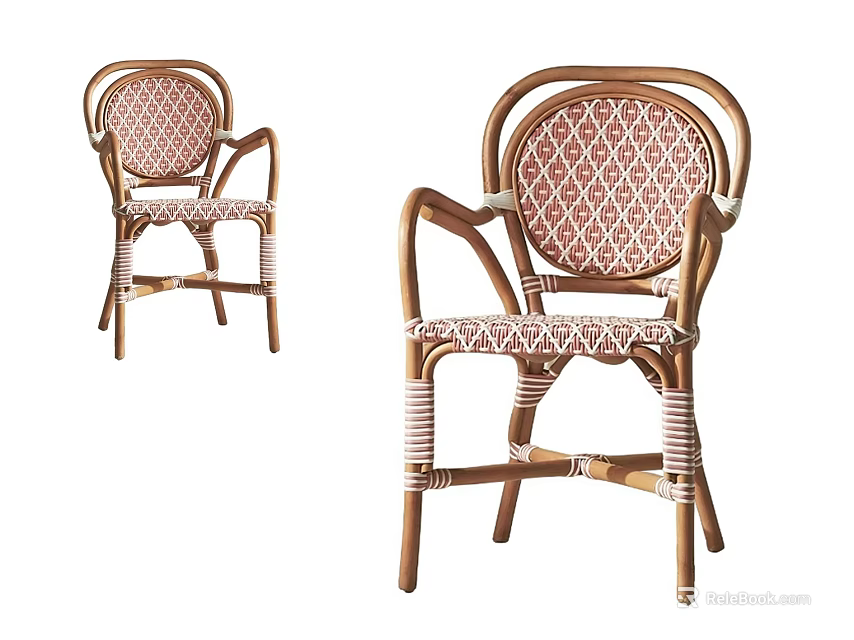 Vintage Rattan Single Chair With Wooden Frame Armrests And Red White Woven Pattern 3d model 