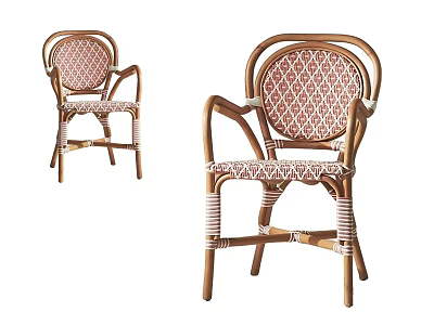 Vintage Rattan Single Chair With Wooden Frame Armrests And Red White Woven Pattern 3d model