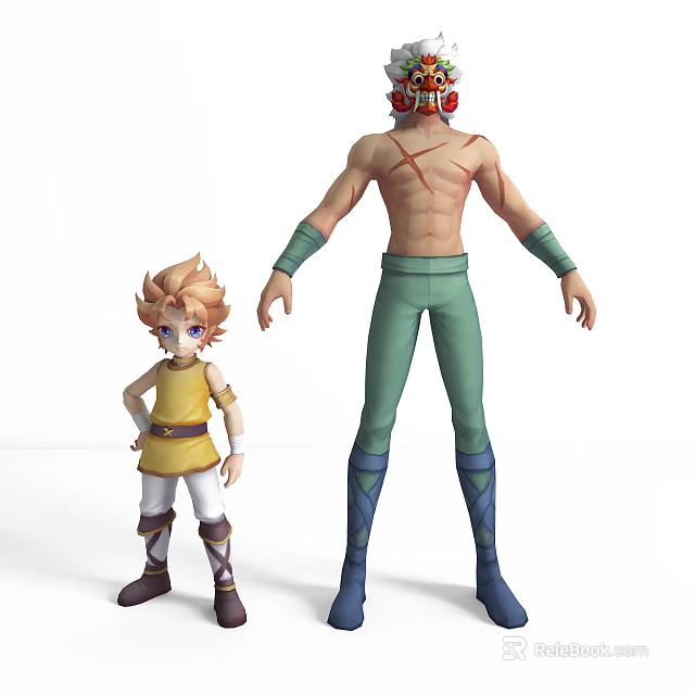 Animated Game Characters Blonde Hair Boy In Yellow Vest And Scarred Man In Green Pants 3d model 