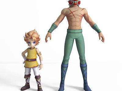 Animated Game Characters Blonde Hair Boy In Yellow Vest And Scarred Man In Green Pants 3d model