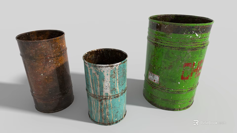 Three Rustic Metal Household Buckets In Brown Teal And Green Worn Design 3d model 