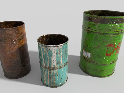 Three Rustic Metal Household Buckets In Brown Teal And Green Worn Design 3d model
