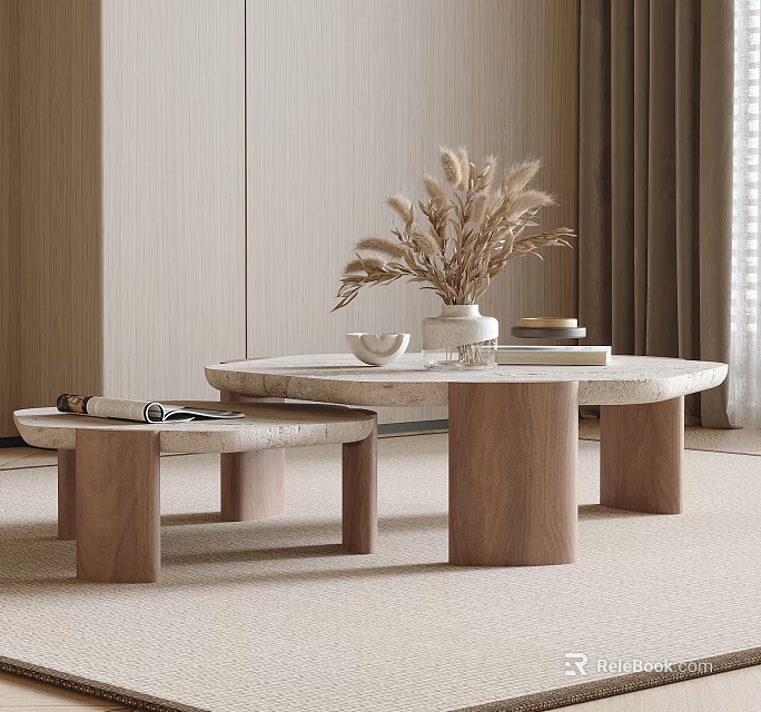 Modern Natural Coffee Table Set With Marble Top Wooden Legs Dried Pampas Grass Vase And Books Decoration 3d model 