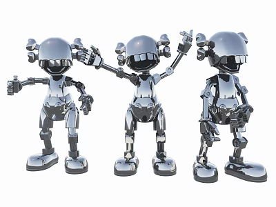 Silver Metal Decorative Robot Figurine Set With Different Poses For Modern Home 3d model