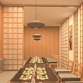 Japanese Style Private Dining Room With Wooden Shoji Screens Long Table And Pendant Lights