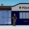 Chinese Police Station Exterior With Public Service Sign And Officer Standing