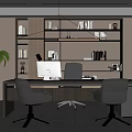 Modern Office Interior Design With Wooden Desk Ergonomic Chairs Built-in Bookshelves And Potted Plant