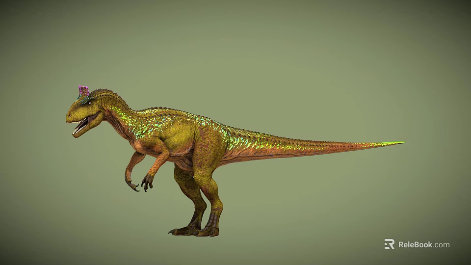 Realistic 3D Dinosaur Model With Green Yellow Skin And Purple Crest Standing Pose 3d model 