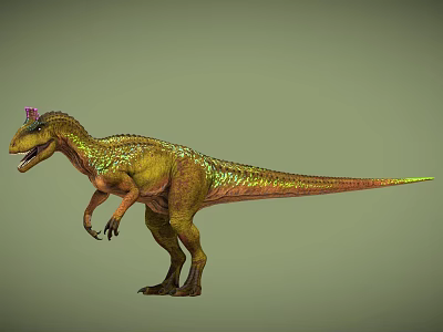 Realistic 3D Dinosaur Model With Green Yellow Skin And Purple Crest Standing Pose 3d model