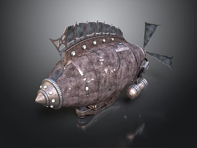 Vintage Cosmic Spaceship With Fish Shaped Design Metallic Parts And Propeller 3d model