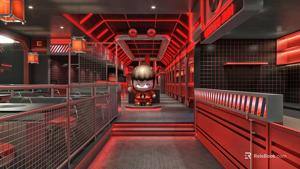 Modern Hotpot Restaurant Interior With Red Neon Lights And Decorative Metal Railings 3d model 