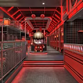 Modern Hotpot Restaurant Interior With Red Neon Lights And Decorative Metal Railings