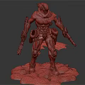 Futuristic Warrior Character In Armor With Purple Scarf Dual Guns On Lava Rock Base