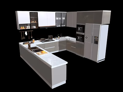 Modern Kitchen Cabinets With White Finish In Open Concept Layout And Island Counter 3d model