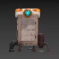 Futuristic Sci Fi Mechanical Devices With Orange Beige Exteriors Circular Lights Pipes And Tanks