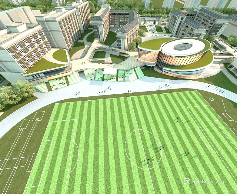 Aerial View Planning Campus Layout With Modern Buildings Green Spaces And Football Field 3d model 