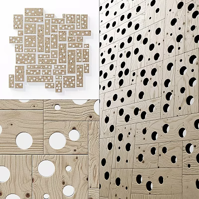 Wooden Panel Design Featuring Circular Cutouts And Geometric Patterns 3d model