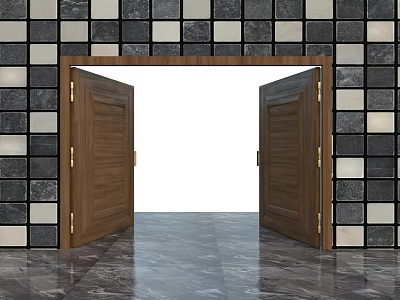 Double Wooden Doors With Dark Frame Black White Checkered Tile Wall And Marble Floor 3d model