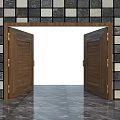 Double Wooden Doors With Dark Frame Black White Checkered Tile Wall And Marble Floor