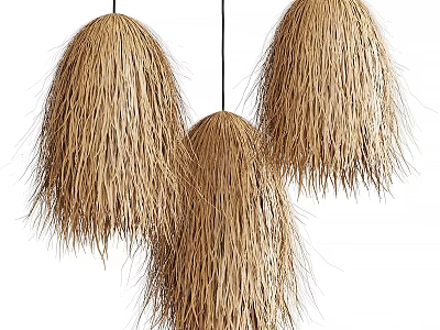 Three Hanging Woven Straw Chandeliers Natural Tassel Edge Rustic Bohemian Decorative Lighting Design 3d model