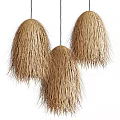 Three Hanging Woven Straw Chandeliers Natural Tassel Edge Rustic Bohemian Decorative Lighting Design