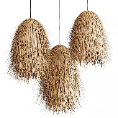 Three Hanging Woven Straw Chandeliers Natural Tassel Edge Rustic Bohemian Decorative Lighting Design 3d model