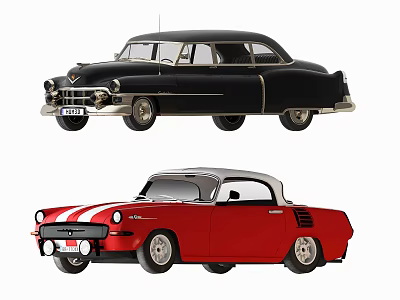 Vintage Classic Cars with Black Sedan and Red Convertible Retro Design 3d model