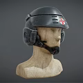Black Safety Helmet With Red Cross Emblem On Wooden Mannequin Head
