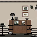 Modern Wooden Entryway Side Cabinet With Framed Wall Art And Potted Plant