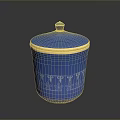 Blue Storage Jar With Gold Rim And Decorative Patterns For Home Use