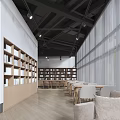 Antique Gallery Interior With Wooden Ceiling Hanging Lights And Artworks