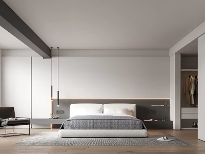 Modern Bedroom Interior Design With Double Bed Hanging Lights Accent Chair And Wardrobe 3d model