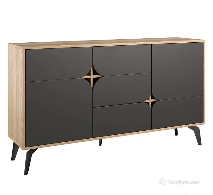 Modern Sideboard with Wooden Frame Black Doors and Drawers Gold Cross Decorations Slim Black Legs 3d model 