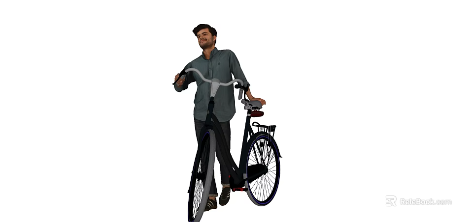Man Standing Next to Vintage Bicycle with Basket Rear Seat in Dark Shirt 3d model 