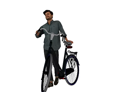 Man Standing Next to Vintage Bicycle with Basket Rear Seat in Dark Shirt 3d model