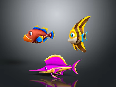 Vibrant Cartoon Fish Characters With Red Blue Yellow And Pink Designs 3d model