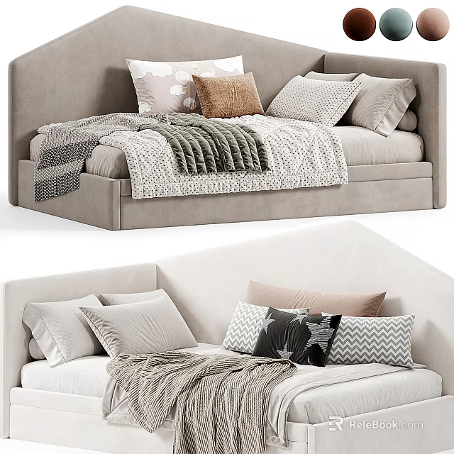Cozy Modern Single Bed Design Featuring Light Gray Upholstery Soft Pillows And Warm Knit Blanket 3d model 