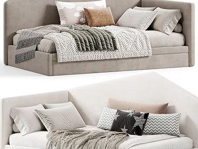 Cozy Modern Single Bed Design Featuring Light Gray Upholstery Soft Pillows And Warm Knit Blanket 3d model