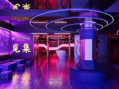 Modern Bar Interior With Purple Lighting Neon Signs Circular Illuminated Decorations And Seating 3d model