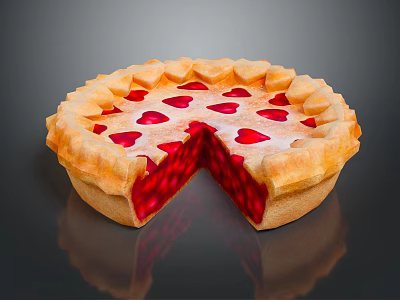 Flaky Crust Cherry Pie With Heart Shaped Toppings And Red Filling Sliced 3d model