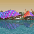 Colorful Wavy Pergola With Purple Pink Blue Stripes And Water Reflection